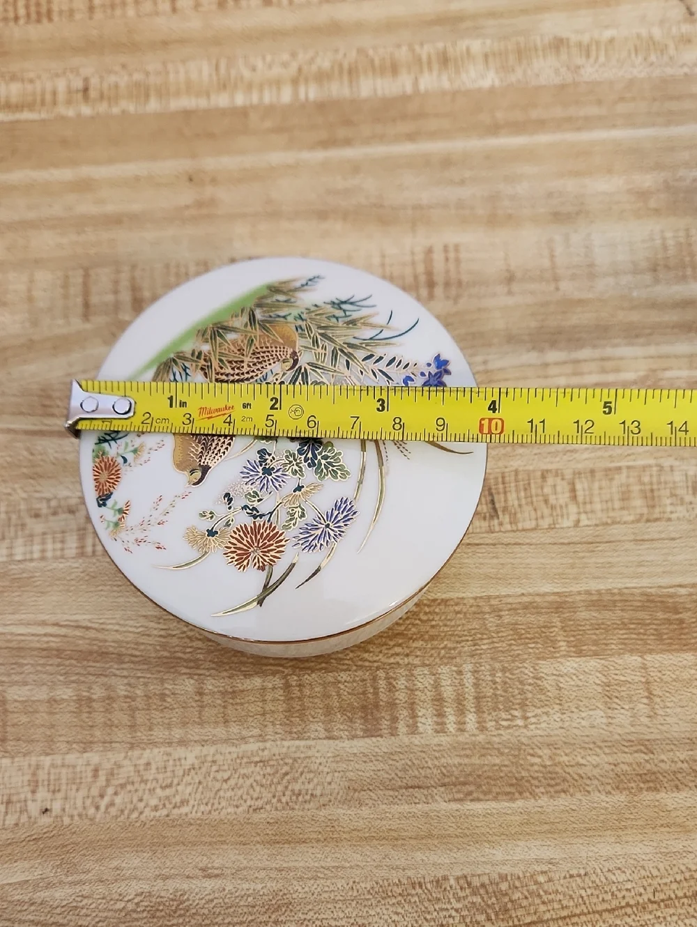 Japanese Porcelain Trinket Box with Quail and Floral Motif